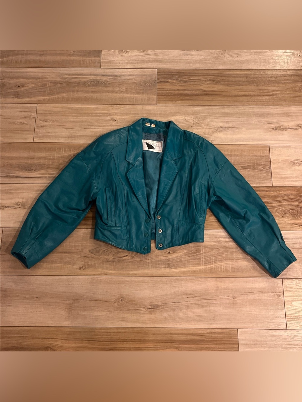 Yucatan Bay Womens Teal Green Crop 80s Leather Jacket Size M Vintage Snap Close